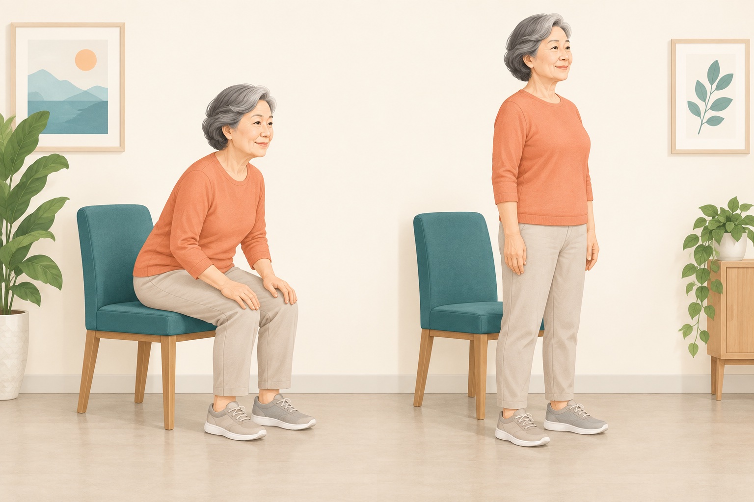 고령 여성이 안정적인 의자에 앉았다가 천천히 일어서는 두 단계