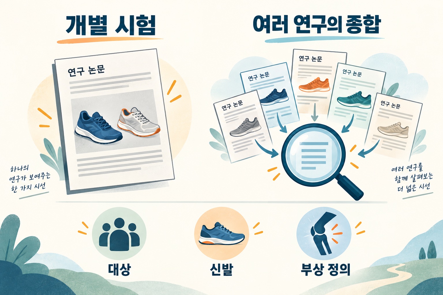 개별 시험과 여러 연구의 종합에서 대상과 신발 및 부상 정의를 비교하는 그림