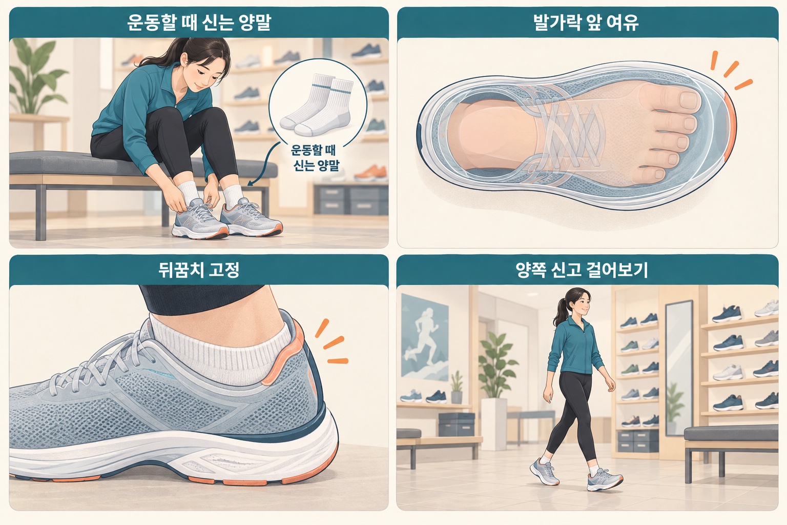 양말과 발가락 여유 및 뒤꿈치 고정과 양쪽 착화를 확인하는 그림