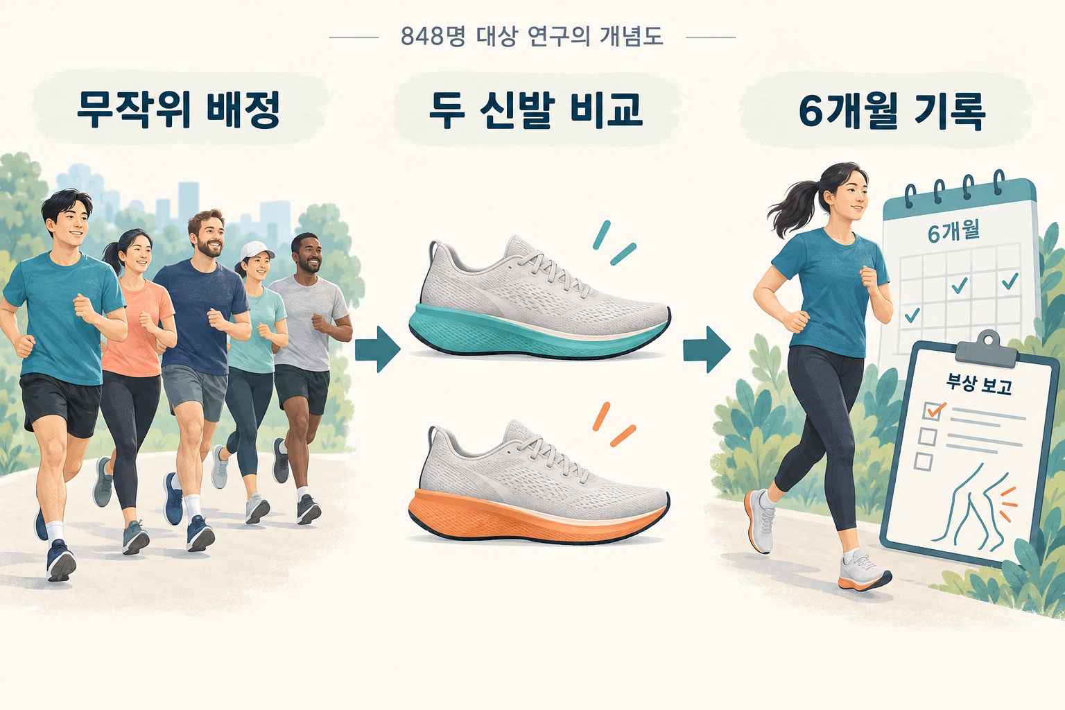 848명 러너를 두 신발 조건에 무작위 배정하고 6개월 기록하는 연구 흐름