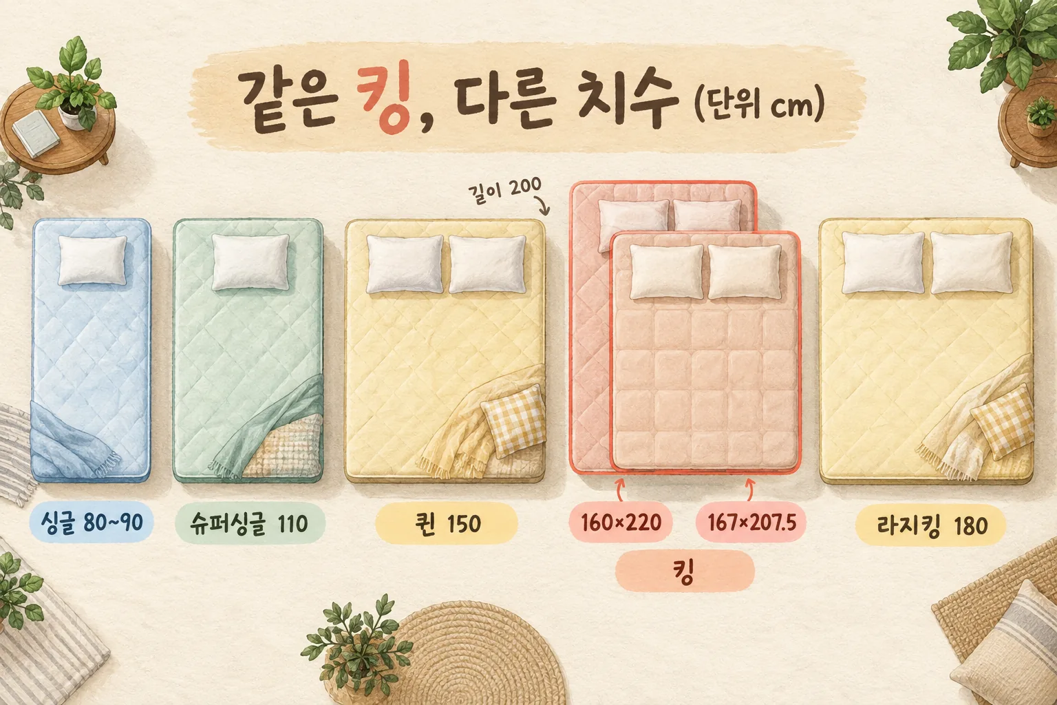 위에서 내려다본 매트리스 직사각형 다섯 개를 너비 순으로 나란히 놓은 도해로, 싱글·슈퍼싱글·퀸·킹·라지킹의 너비가 점점 넓어지고, 킹 자리에는 길이가 긴 직사각형과 너비가 넓은 직사각형 두 개가 겹쳐 그려져 같은 「킹」이 브랜드마다 다른 모양임을 보여 주는 그림
