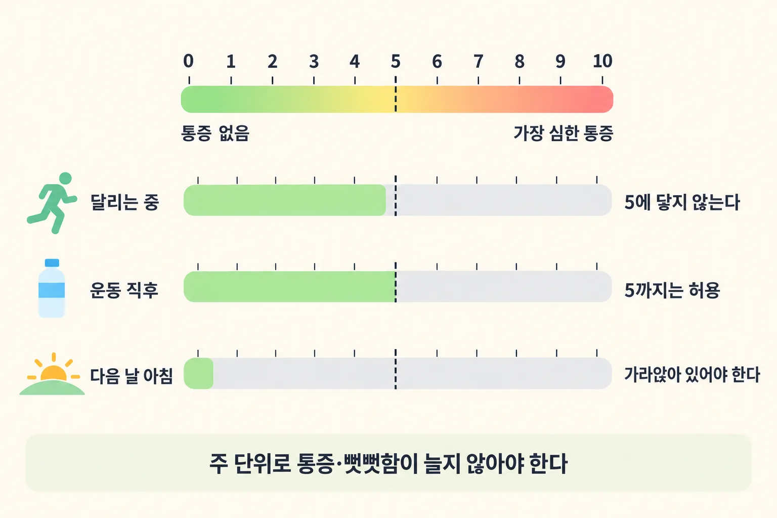 통증 감시 모델의 허용선을 0에서 10까지의 가로 눈금 위에 시점별로 표시한 그림. 달리는 중은 5 미만, 운동 직후는 5까지, 다음 날 아침은 가라앉은 상태로 표시돼 있다