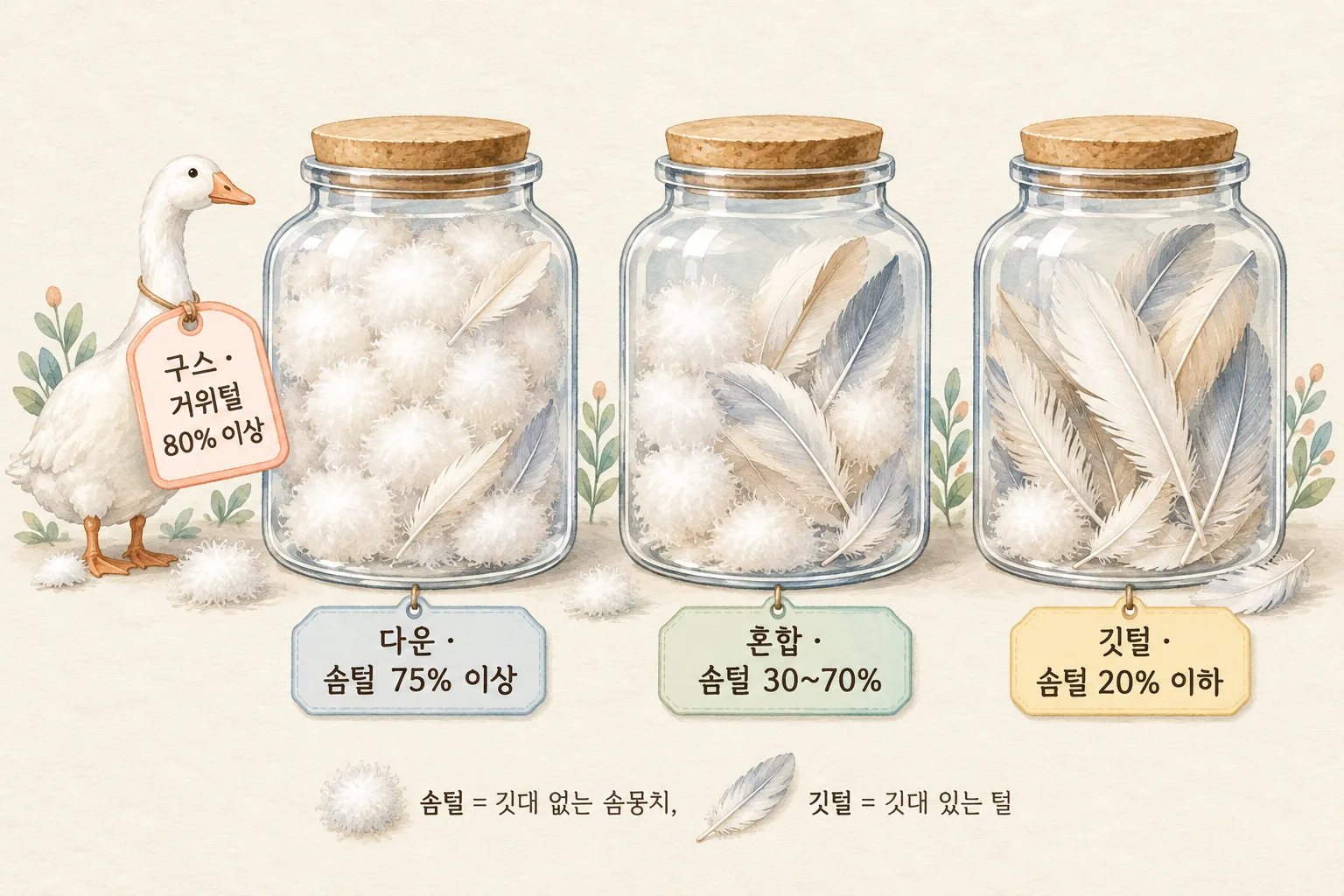 투명한 유리병 세 개에 하얀 솜털 뭉치와 깃대 있는 깃털이 서로 다른 비율로 담긴 도해로, 왼쪽 병은 솜털이 대부분인 「다운 · 솜털 75% 이상」, 가운데 병은 반반인 「혼합 · 솜털 30~70%」, 오른쪽 병은 깃털이 대부분인 「깃털 · 솜털 20% 이하」이고, 왼쪽 병 옆에 거위 실루엣과 「구스 · 거위털 80% 이상」 꼬리표가 붙은 그림