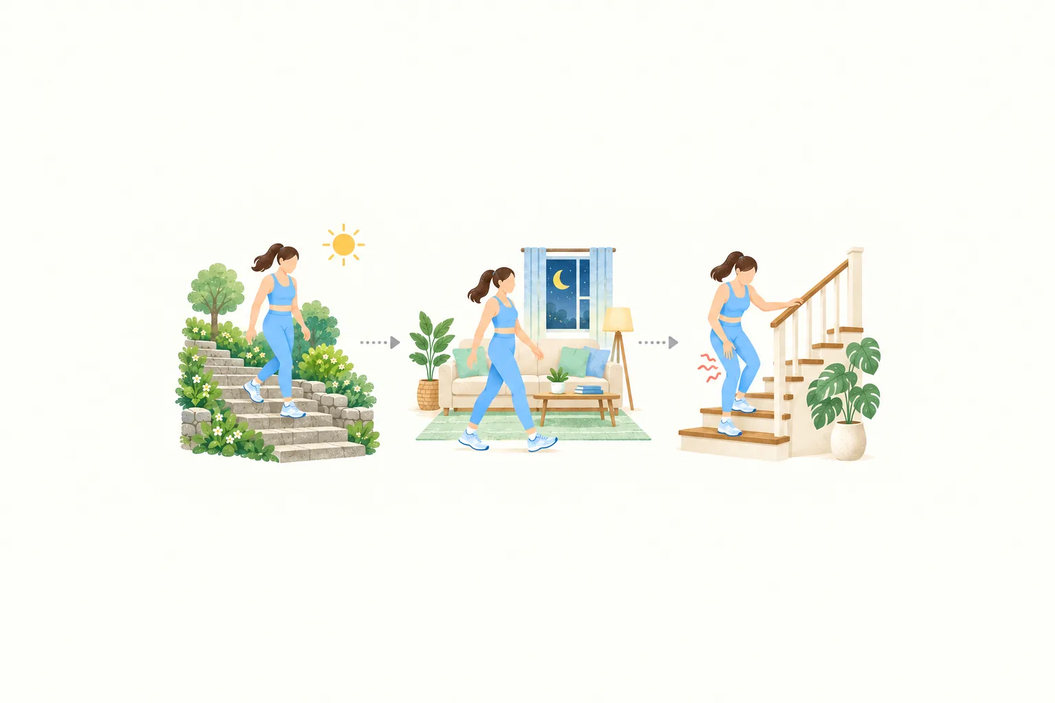 계단을 내려온 사람이 다음 날은 가볍게 걷고 이틀째에는 허벅지를 짚으며 계단 난간을 붙잡는 모습을 세 장면으로 이어 그린 그림