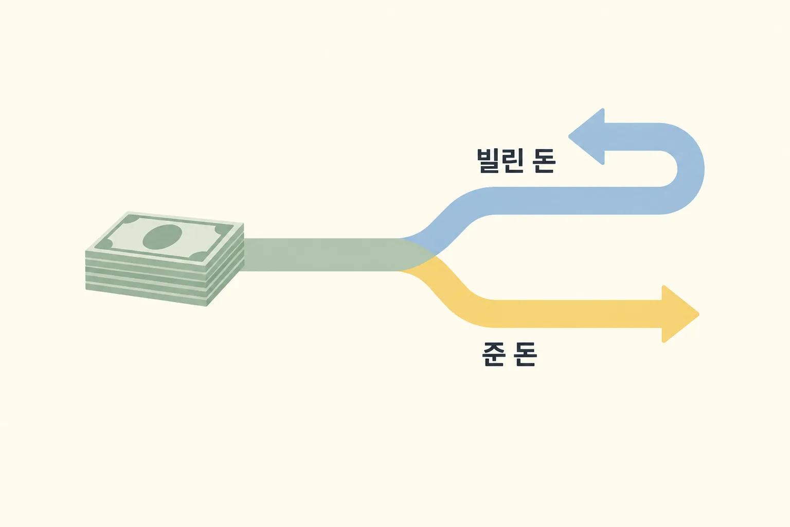 같은 돈이 빌린 돈과 준 돈 두 갈래로 갈라지는 것을 보여 주는 도해