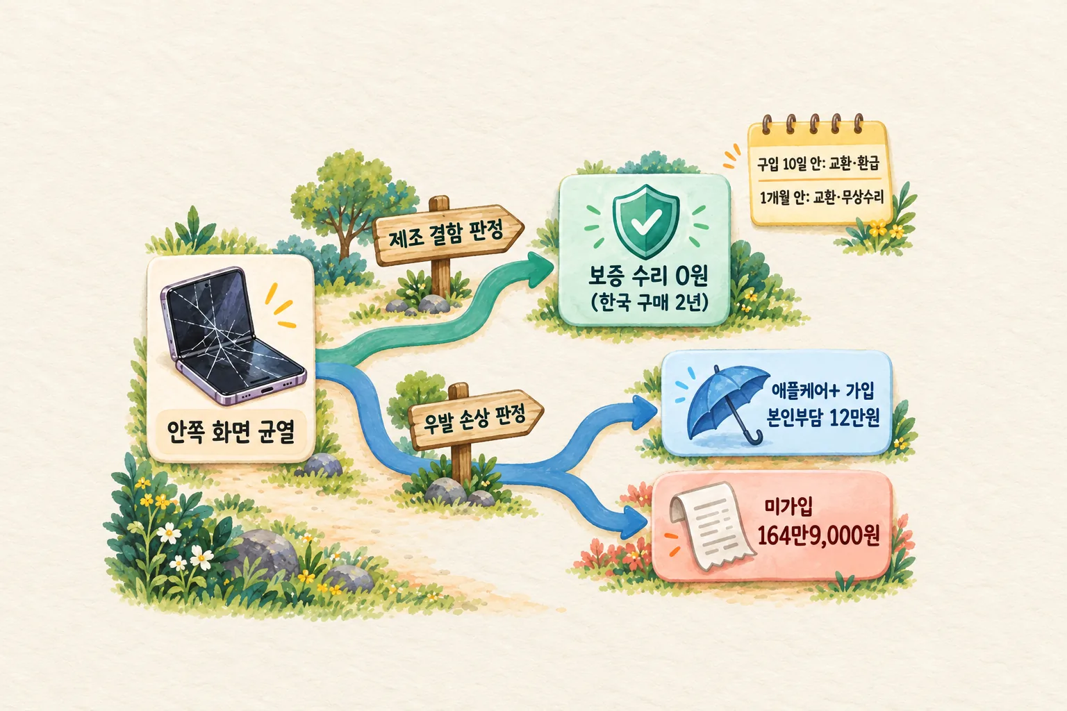 화면 균열에서 출발해 제조 결함이면 보증 수리 0원, 우발 손상이면 애플케어+ 가입 여부에 따라 12만원과 164만9,000원으로 갈리는 갈림길과, 옆에 구입 10일·1개월 안이면 교환 기준이 따로 있다는 상자를 그린 도해