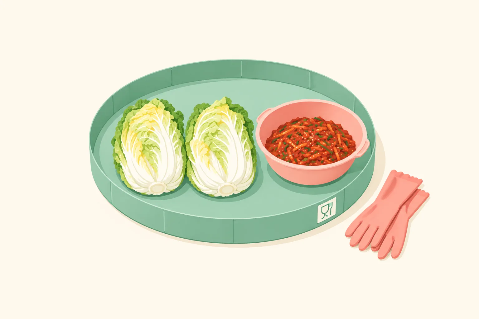 테두리가 올라온 둥근 김장 매트 위에 절인 배추와 양념 대야가 놓이고 매트 귀퉁이에 작은 표시 라벨이 붙어 있는 그림