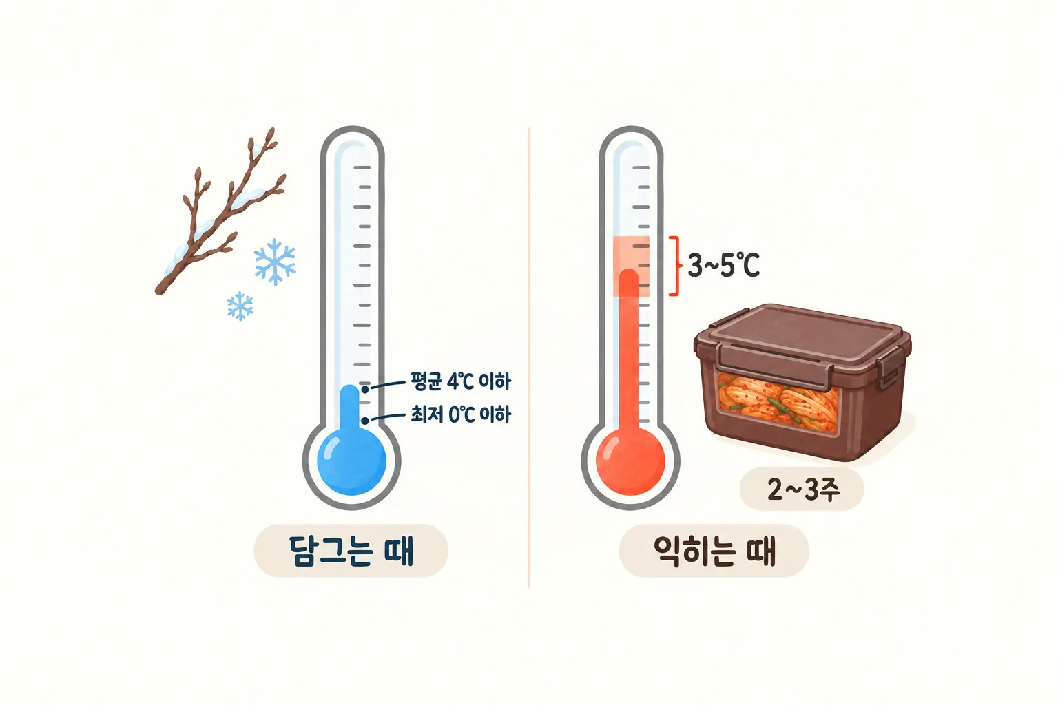 김장하기 좋은 기온 조건과 담근 뒤 숙성 조건을 온도계 두 개로 나눠 보여주는 도해