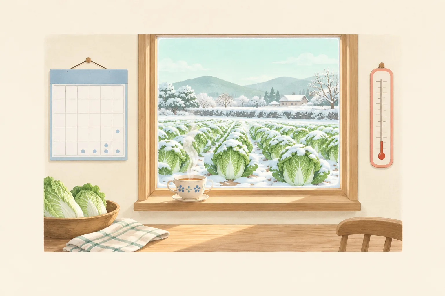 벽에 걸린 11월 달력 옆에 눈금이 내려간 온도계와 창밖의 서리 낀 배추밭이 보이는 그림