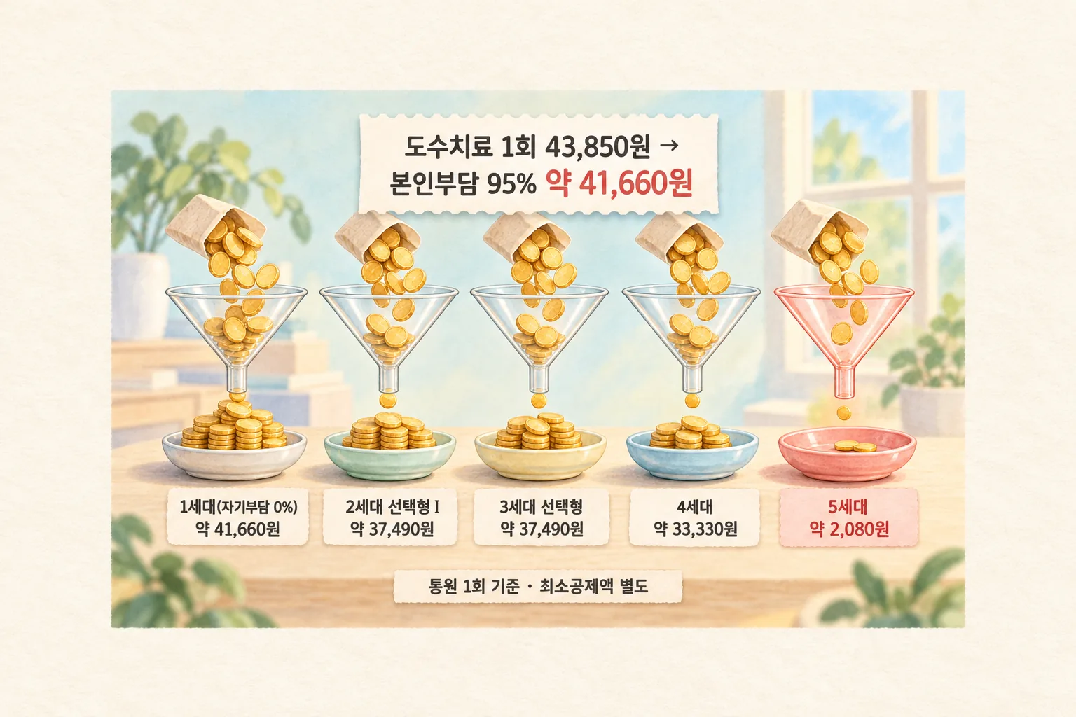 도수치료 1회 본인부담금 약 41,660원짜리 동전 더미가 실손보험 세대별 깔때기 다섯 개를 통과하면서 1세대는 거의 전부, 4세대는 약 33,330원, 5세대는 약 2,080원만 돌아오는 모습을 나란히 비교한 도해