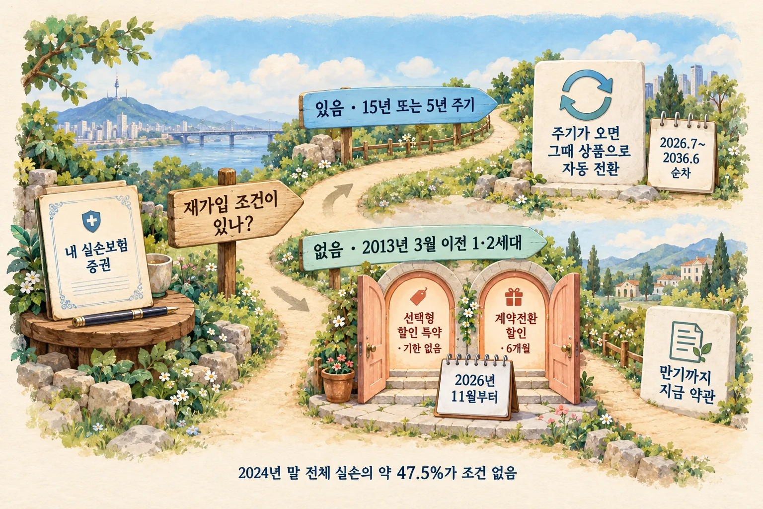 내 실손보험 증권에서 출발해 재가입 조건이 있으면 주기가 올 때 새 세대 상품으로 자동으로 바뀌는 길, 없으면 만기까지 그대로인 길로 갈라지고 두 번째 길 위에만 2026년 11월부터 선택형 할인 특약과 계약전환 할인 두 문이 열려 있는 갈림길 도해