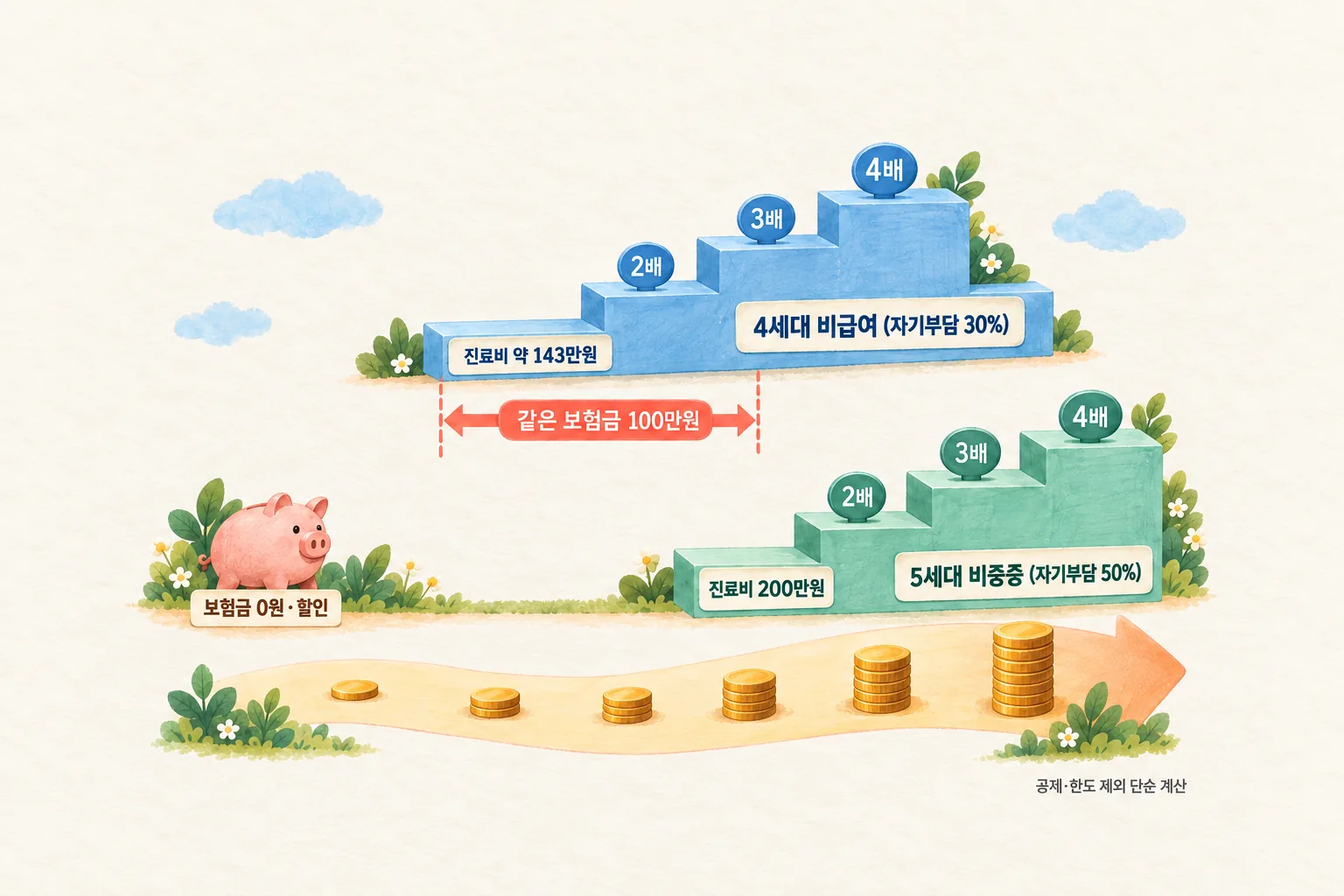 4세대와 5세대 실손보험의 비급여 할증 계단을 나란히 세워, 보험금 100만원 선에 닿는 진료비가 4세대는 약 143만원, 5세대 비중증은 200만원으로 5세대 계단이 더 오른쪽에서 시작하는 모습을 그린 도해