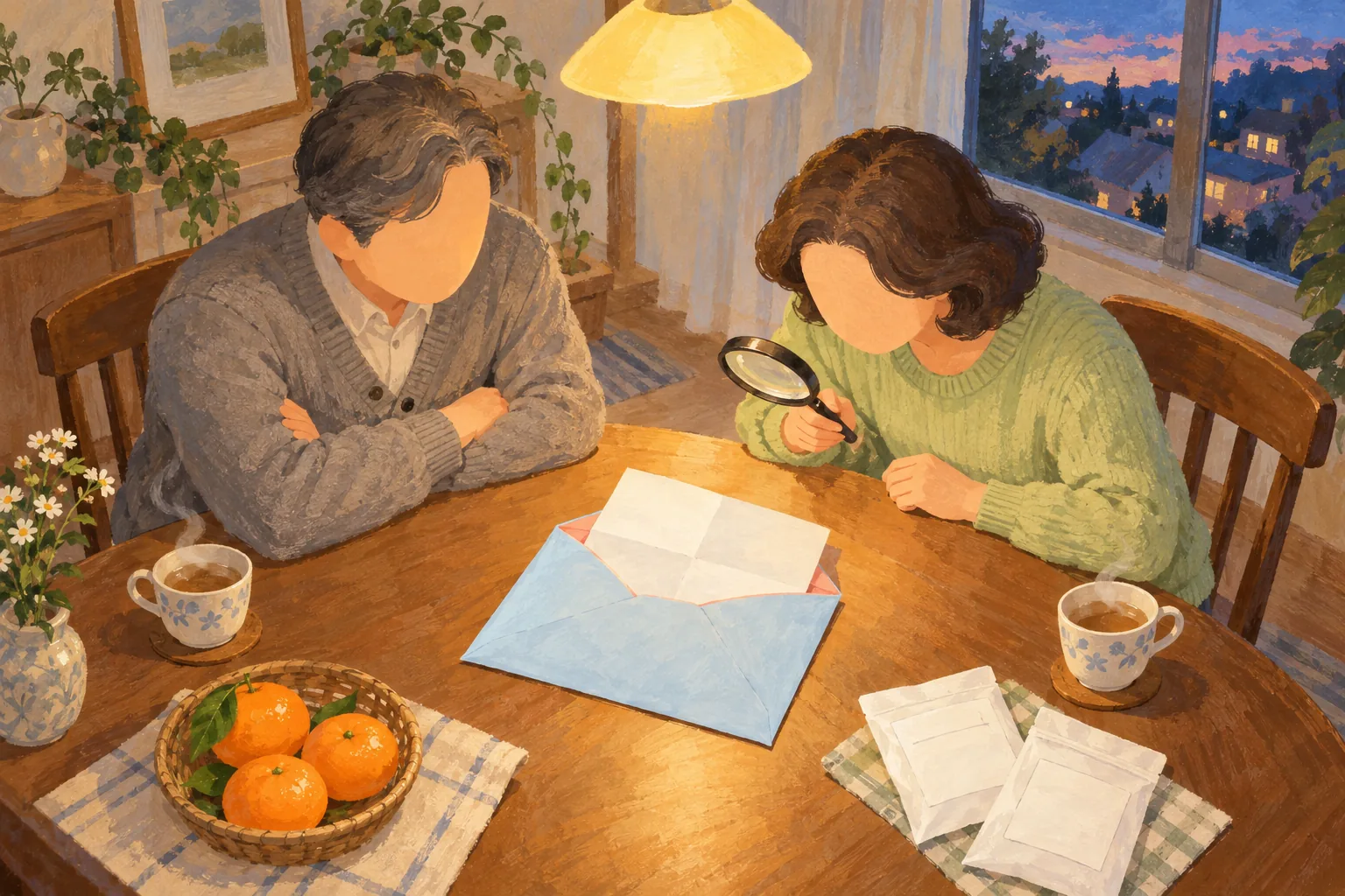 저녁 식탁에서 중년 부부가 막 뜯은 보험 안내 봉투를 사이에 두고 앉아 있고, 식탁 위에는 약봉투와 돋보기, 찻잔이 놓여 있는 그림
