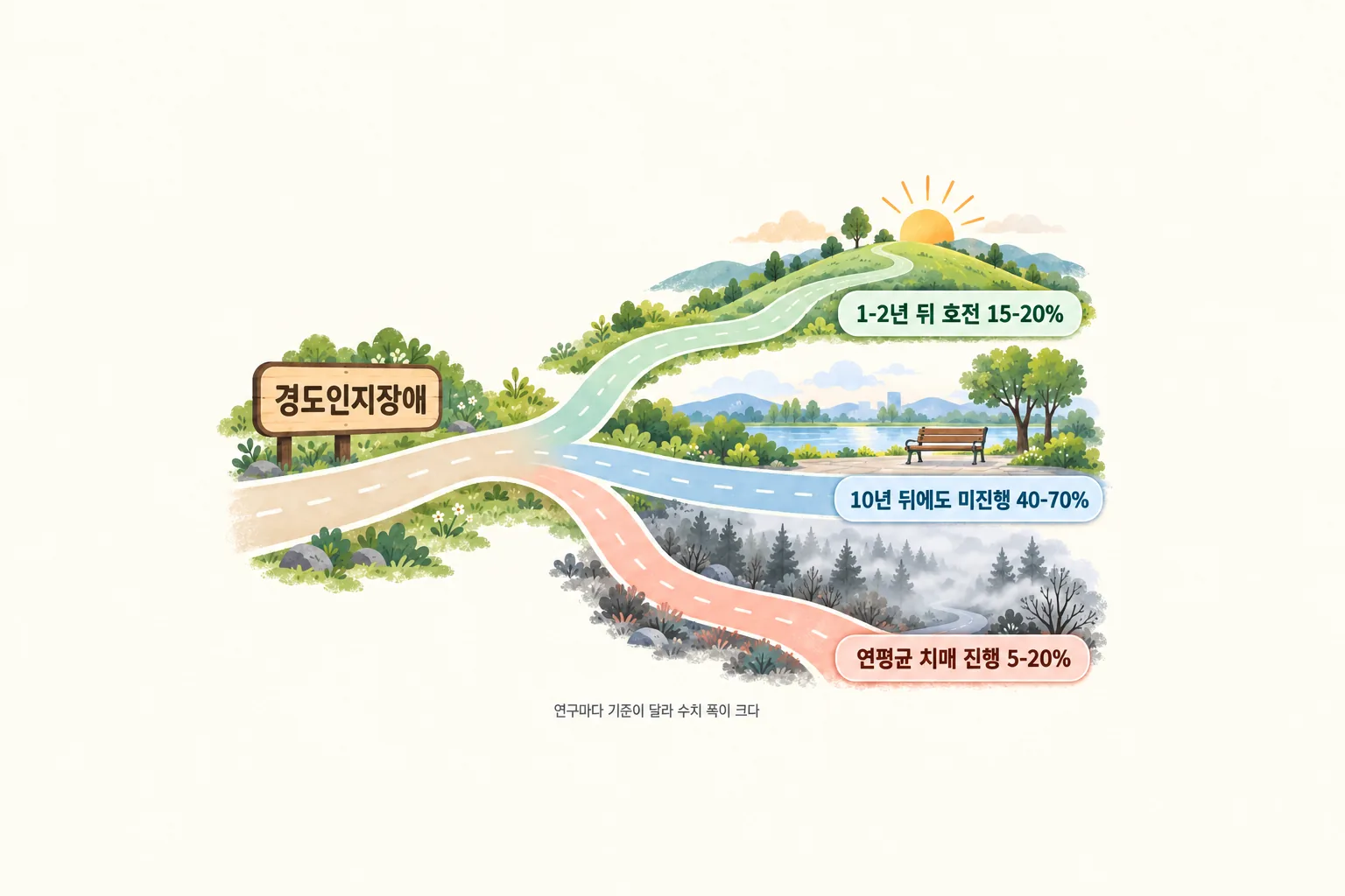 경도인지장애에서 세 갈래로 갈라지는 길과 각 길의 비율을 적은 그림