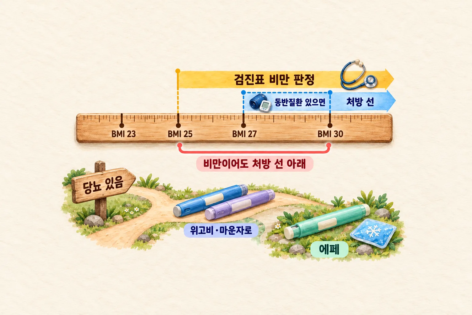 체질량지수 23·25·27·30을 표시한 가로 눈금자 위에서 국내 비만 판정은 25부터, 비만치료제 처방 선은 30과 동반질환이 있을 때 27부터 시작하고, 당뇨가 있으면 에페만 따로 빠지는 갈림길을 그린 도해
