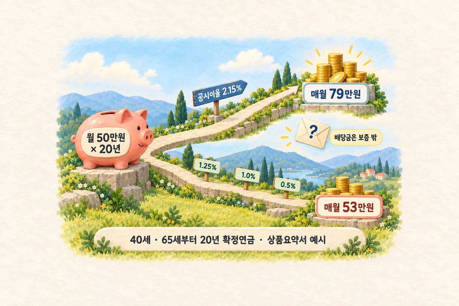 같은 연금저축보험 적립금이 공시이율 2.15%로 자라는 위쪽 길과 최저보증이율 1.25%·1.0%·0.5%로 자라는 아래쪽 길로 갈라져, 끝에서 확정연금 20년 월 79만원과 월 53만원으로 벌어지는 모습을 그린 도해