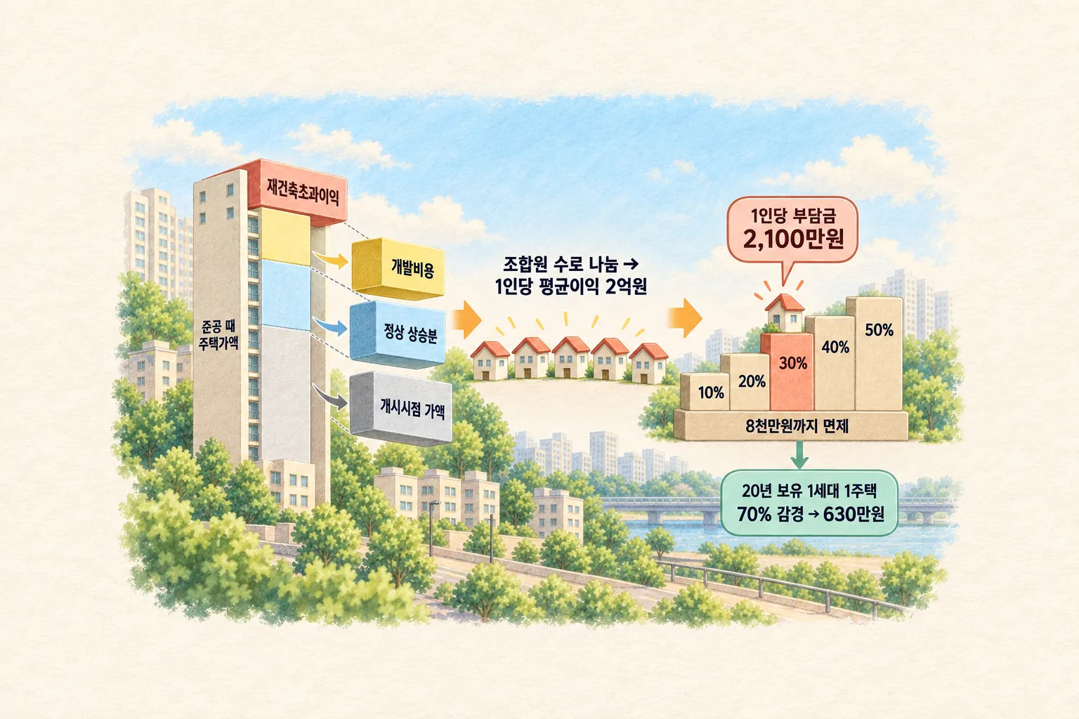 준공 때 주택가액 막대에서 개시시점 가액, 정상주택가격상승분, 개발비용을 차례로 덜어내 재건축초과이익을 구하고, 조합원 수로 나눈 1인당 평균이익 2억원이 부과율 계단을 거쳐 부담금 2,100만원이 되며 20년 보유 1세대 1주택자는 630만원으로 줄어드는 과정을 왼쪽에서 오른쪽으로 보인 도해