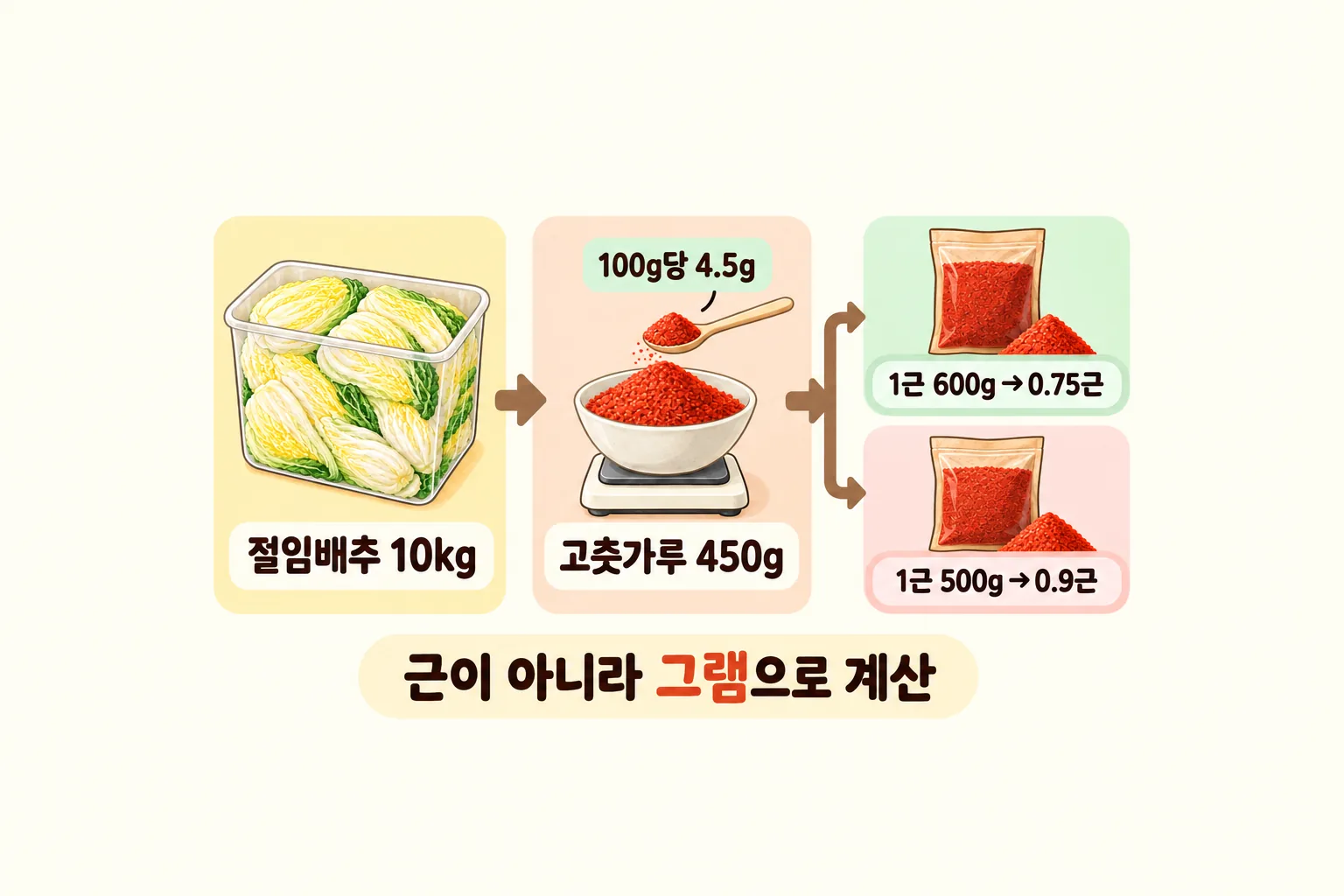 절임배추 무게에서 고춧가루 그램을 계산하고 1근 600g과 500g 기준으로 근 수가 달라지는 것을 왼쪽에서 오른쪽 세 단계로 보여주는 도해
