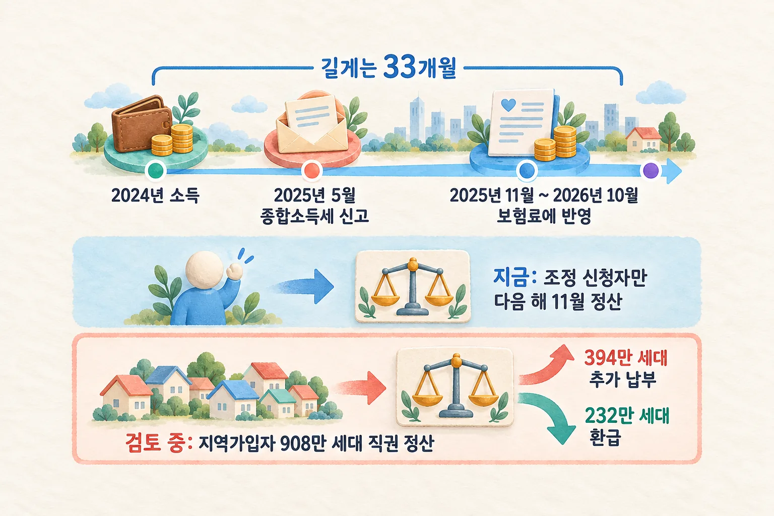 2024년 소득이 2025년 5월 종합소득세 신고를 거쳐 2025년 11월부터 2026년 10월까지 보험료에 쓰이는 가로 타임라인과, 그 아래 조정 신청자만 다음 해 11월에 정산되던 길과 공단이 검토하는 직권 정산이 모든 지역가입자로 넓어지는 길을 나란히 놓은 도해