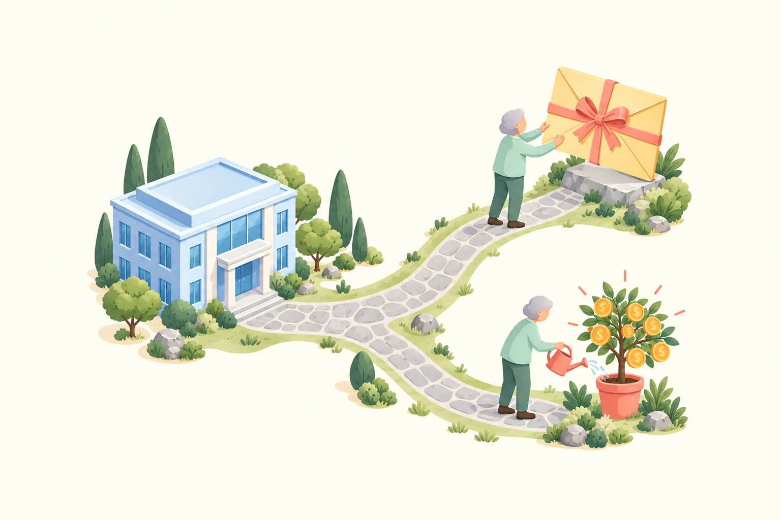 회사 건물에서 출발한 두 갈래 길 중 한쪽은 정해진 금액이 적힌 봉투, 다른 쪽은 사람이 직접 화분을 키우는 모습