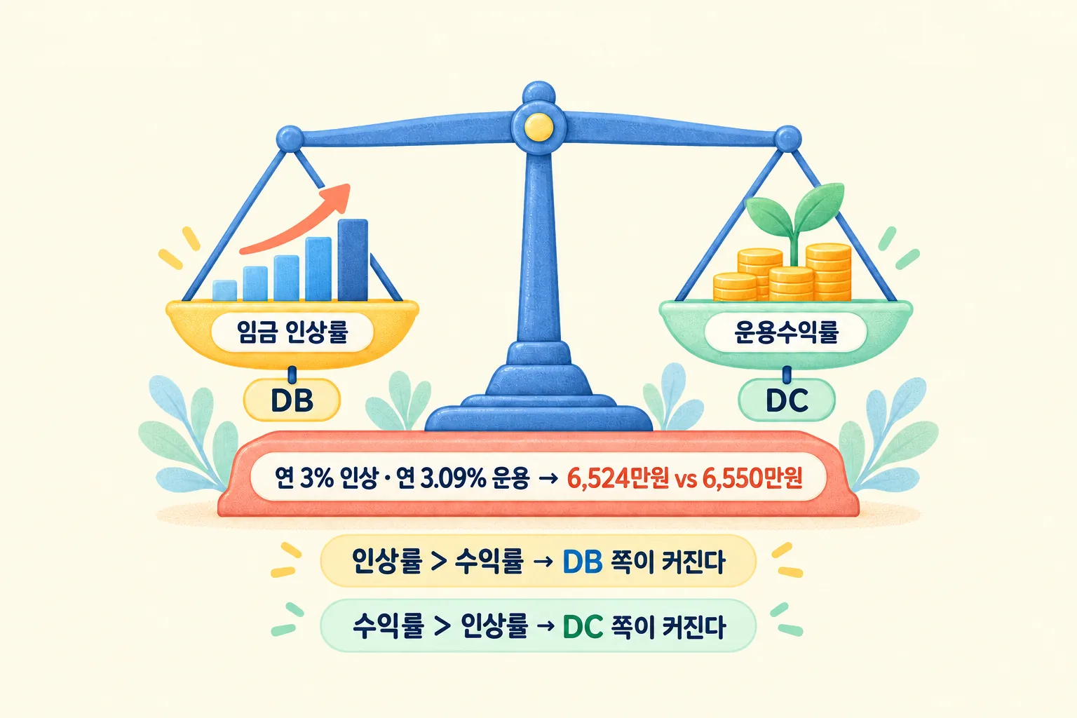 저울 왼쪽 접시에 임금 인상률, 오른쪽 접시에 운용수익률이 올라가 있고 더 무거운 쪽에 따라 DB와 DC가 갈리는 도해