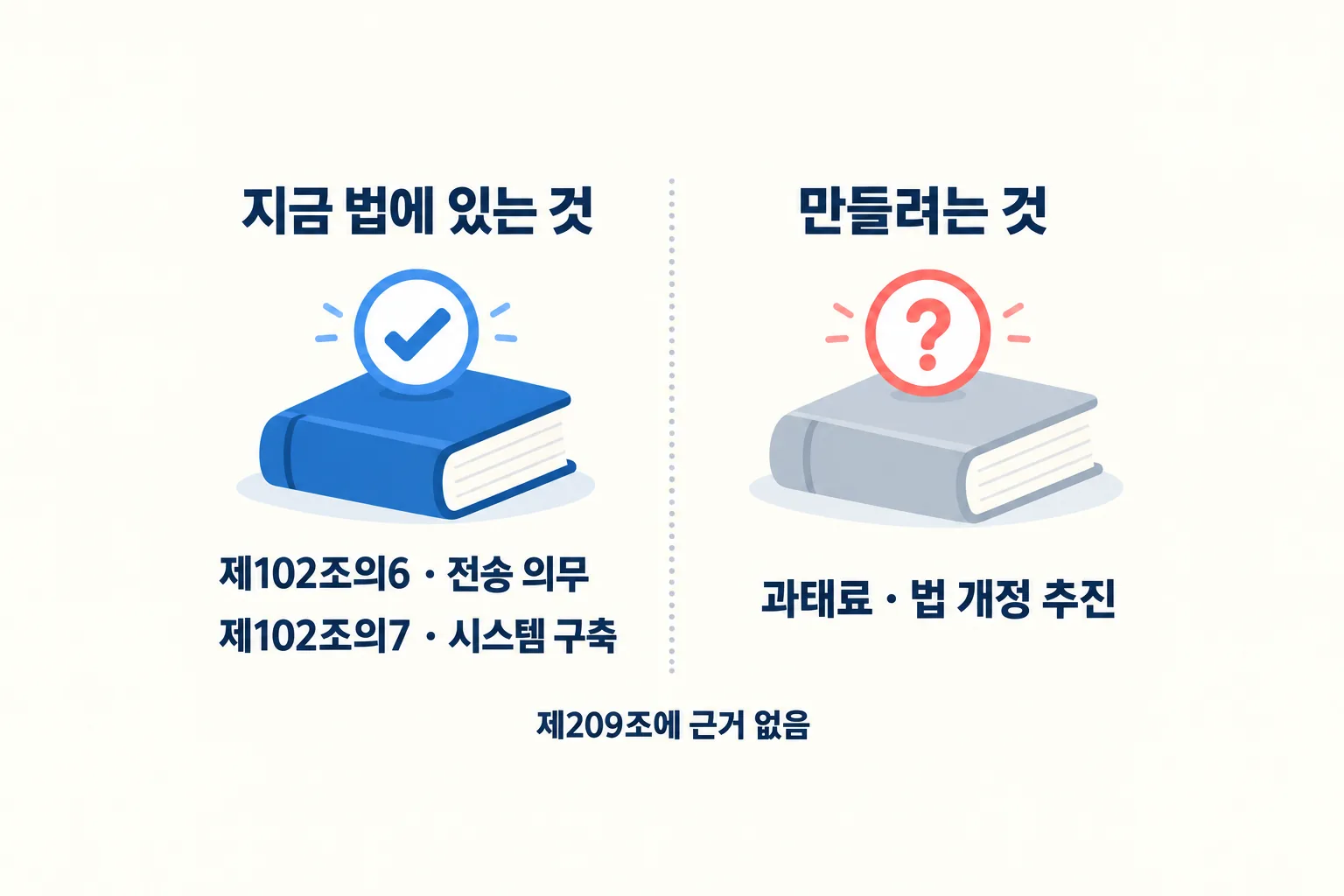 현행법에 있는 전송 의무와 아직 없는 과태료를 왼쪽과 오른쪽으로 나눠 비교한 도해