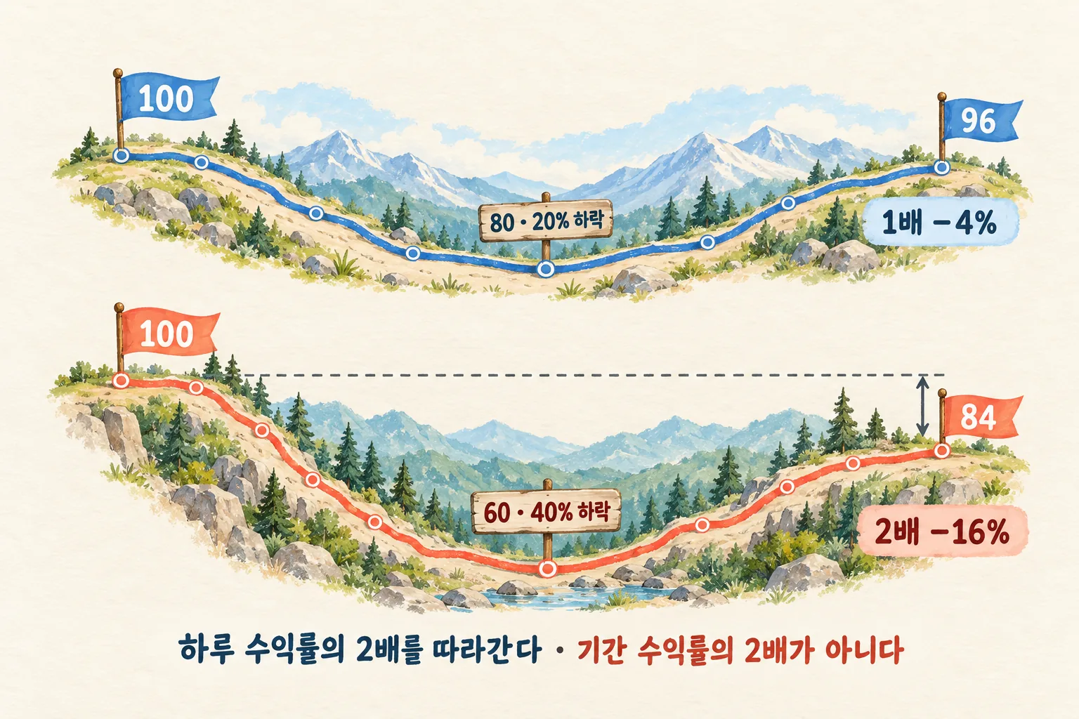 시작값 100에서 기초 종목은 80을 거쳐 96으로, 2배 상품은 60을 거쳐 84로 가는 두 개의 길을 나란히 그려 같은 오르내림에서 2배 상품이 더 멀리 떨어진 곳에 도착하는 것을 보여 주는 도해