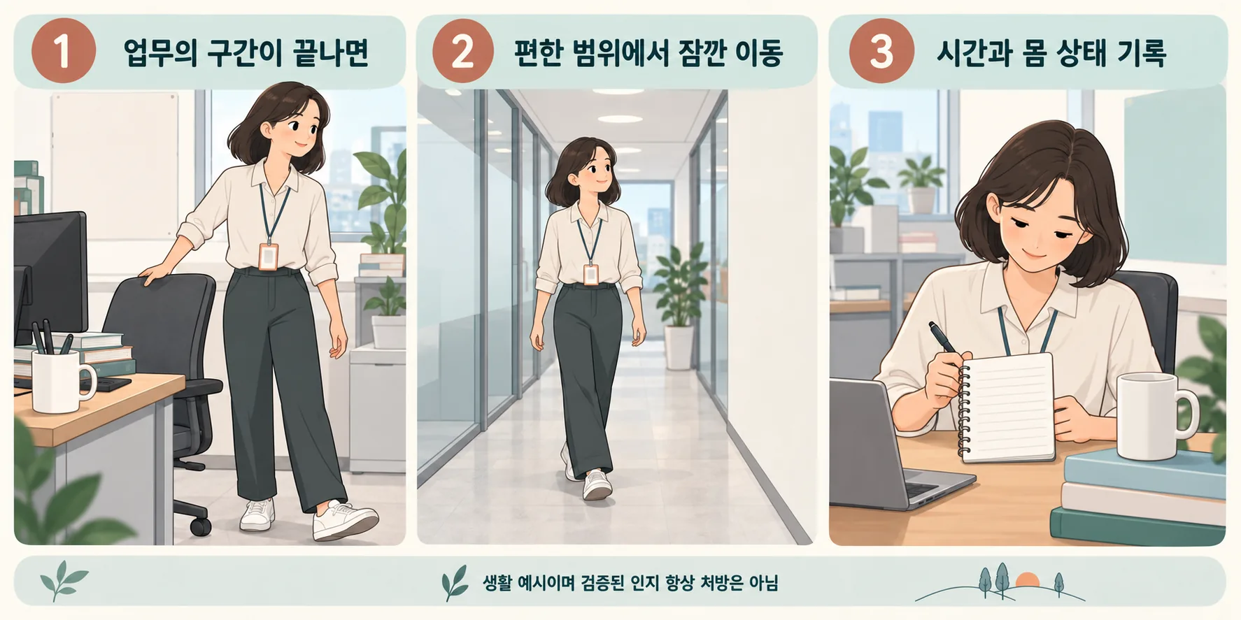 업무가 끝난 뒤 의자 옆에 서고, 장애물 없는 복도를 걸은 뒤 시간과 몸 상태를 기록하는 생활 예시
