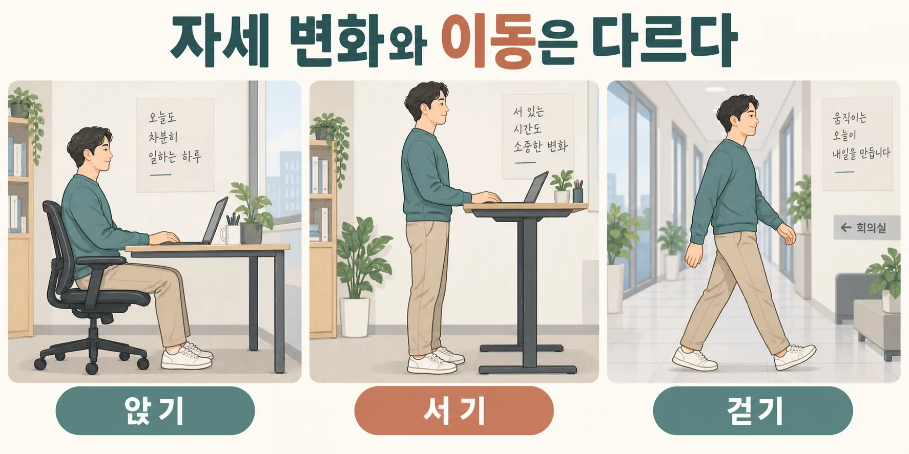 같은 사람이 책상에 앉기, 서서 일하기, 복도 걷기를 각각 하는 세 장면