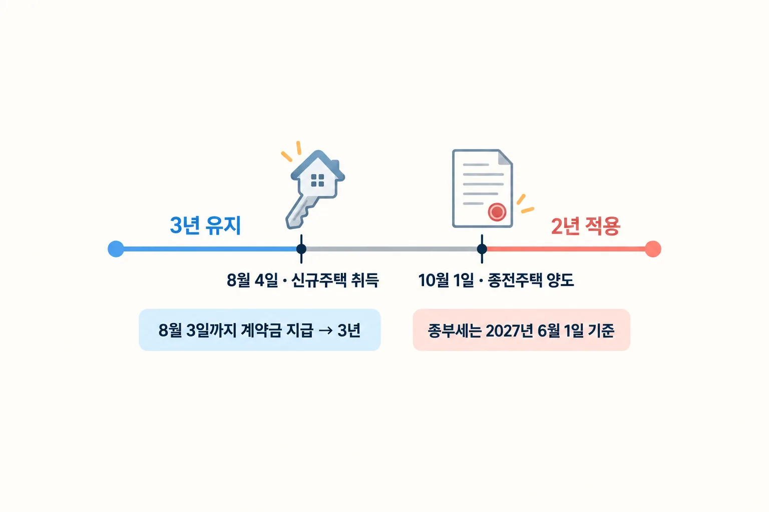 신규주택 취득일과 종전주택 양도일 두 기준일을 달력 위에 표시해 어느 조합에 2년이 적용되는지 보여 주는 도해