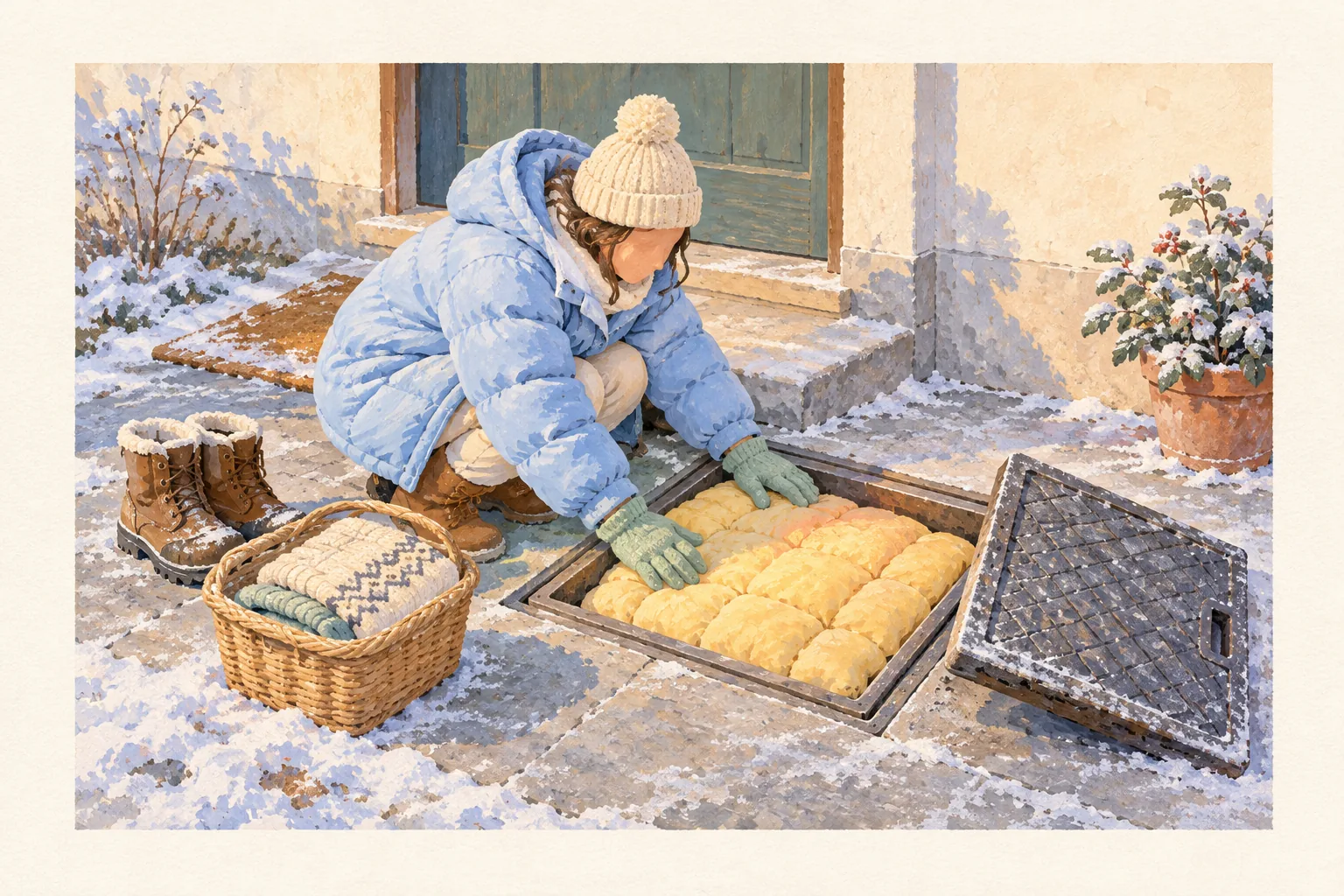 서리가 내린 이른 겨울 아침, 현관 옆 바닥의 수도계량기함 뚜껑을 열고 한 사람이 쪼그려 앉아 두툼한 누빔 보온재를 함 안에 채워 넣는 그림