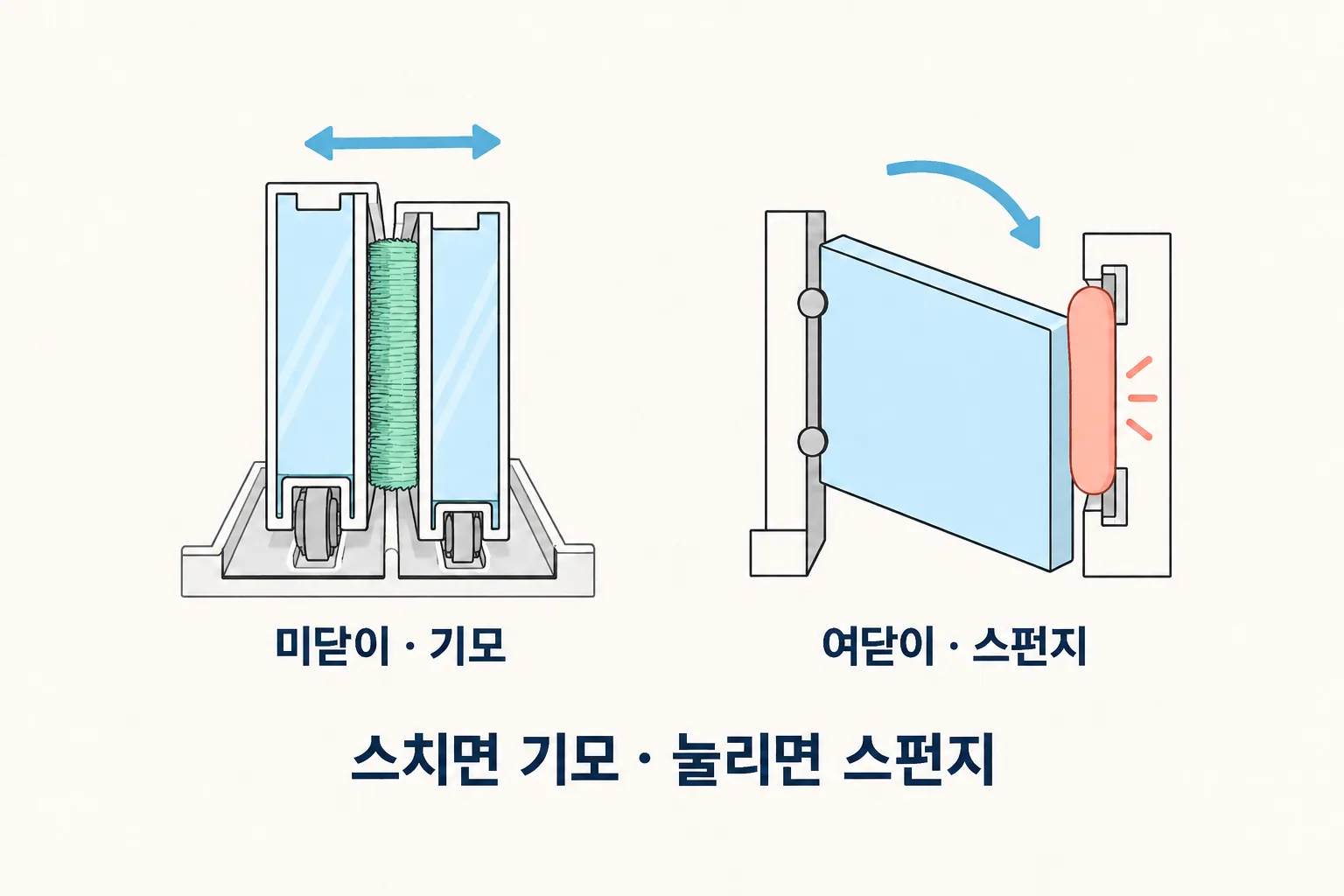 미닫이 창과 여닫이 문에 각각 맞는 틈막이 형태를 움직이는 방향과 함께 좌우로 비교한 도해