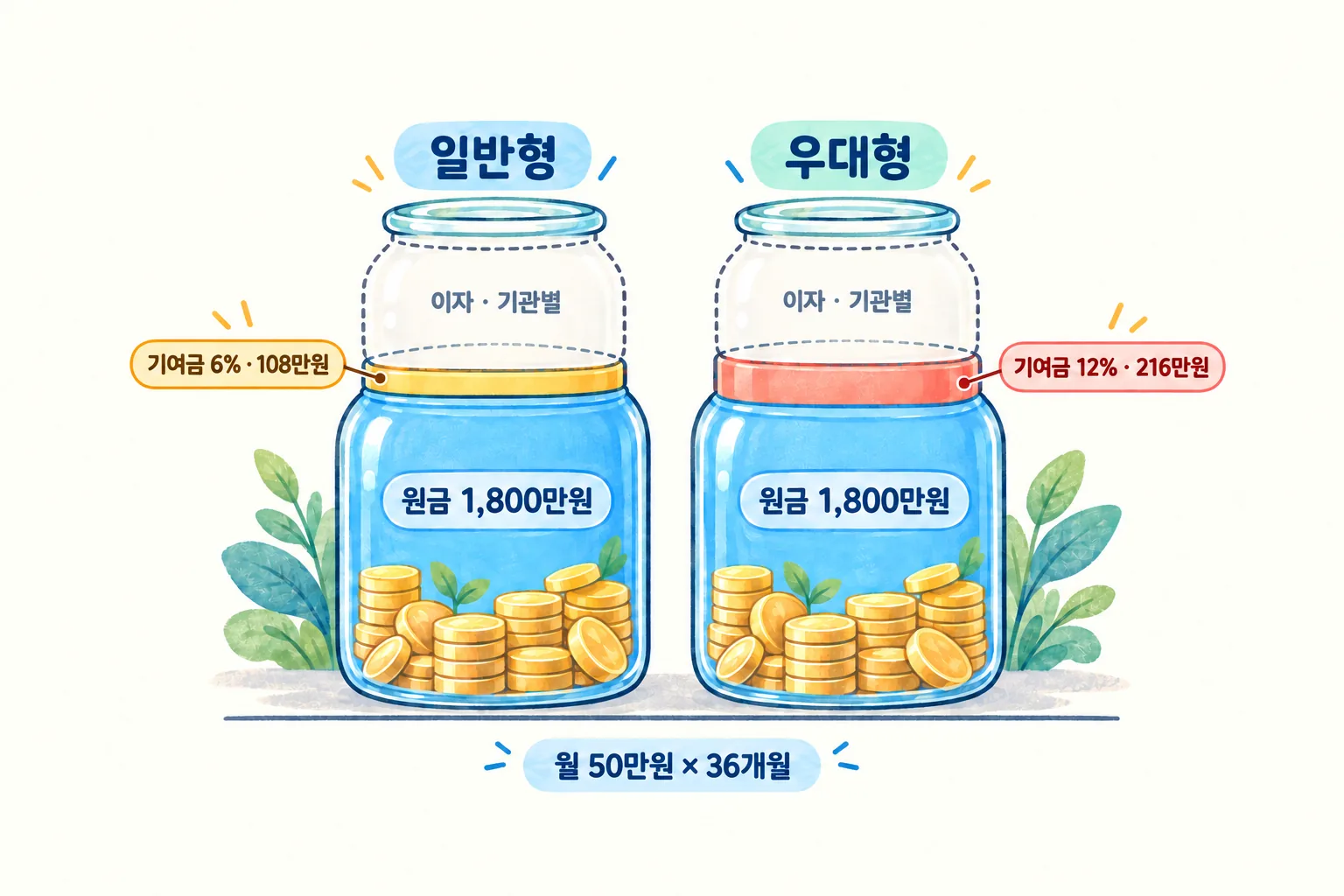 월 50만원씩 3년 넣은 원금 1,800만원 위에 기여금 108만원과 216만원이 각각 얹힌 두 막대 비교
