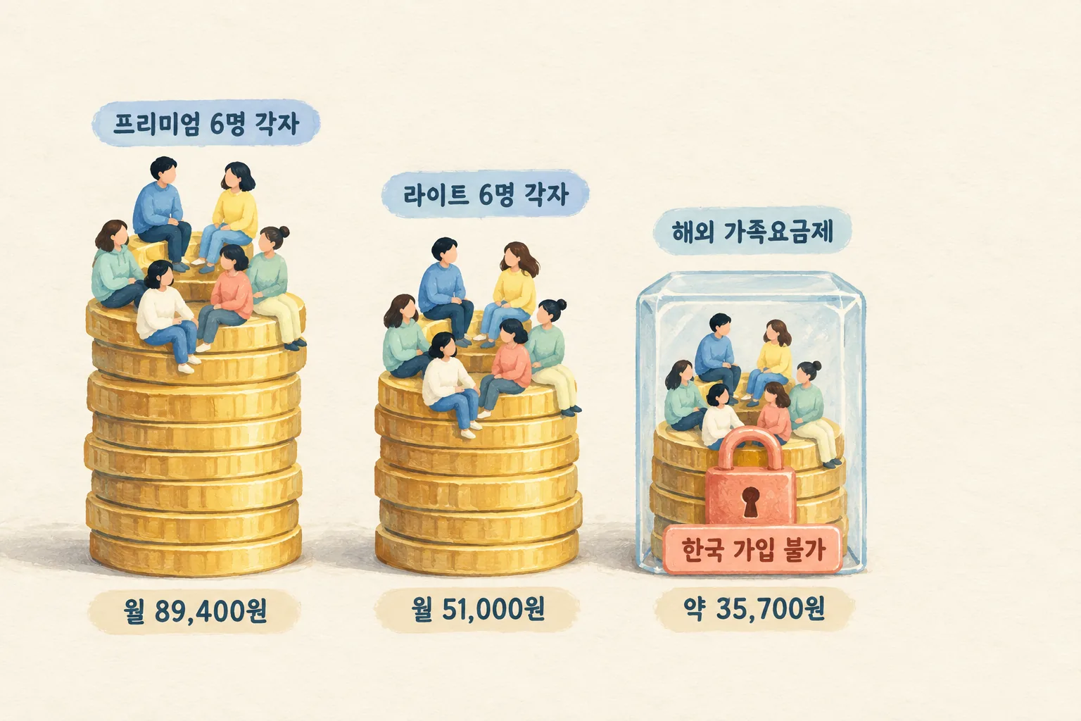 한 집 여섯 명이 고를 수 있는 세 갈래를 나란히 놓은 도해로, 왼쪽은 프리미엄 6명 각자 결제 월 89,400원, 가운데는 라이트 6명 각자 결제 월 51,000원, 오른쪽은 해외 가족요금제 6명 약 35,700원이지만 한국에서는 가입할 수 없어 자물쇠가 걸려 있는 모습